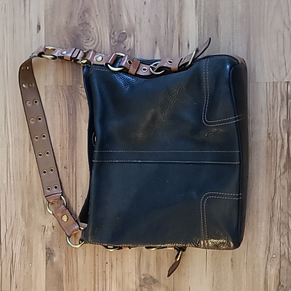 Vintage Coach Chelsea Pebbled Leather Turnlock Hobo Bag Black and tan